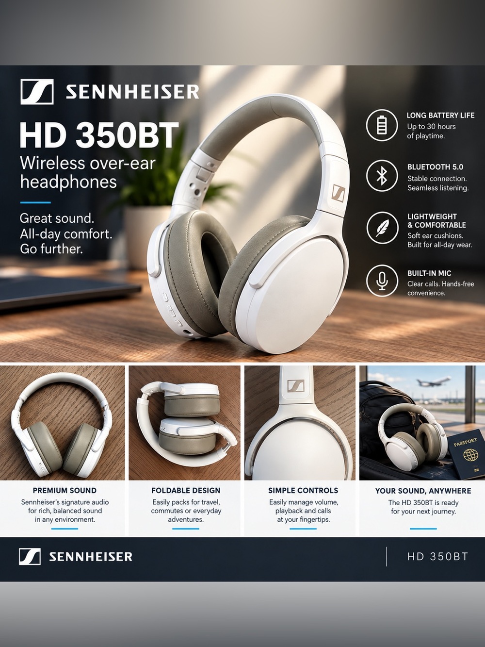 Sennheiser HD 350BT Wireless Over-Ear Headphones — White